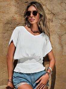 EURMUSE Solid Batwing Sleeve Shirred Hem Blouse - White - View 6