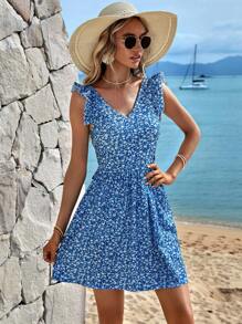 RueChic Ditsy Floral Tie Backless Ruffle Trim Dress - Blue - View 3