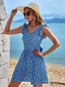 RueChic Ditsy Floral Tie Backless Ruffle Trim Dress - Blue - View 4