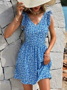 RueChic Ditsy Floral Tie Backless Ruffle Trim Dress - Blue - View 5