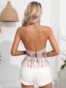 RELISH NOLESS Fringe Hem Ca-vát Backless Áo hai dây - Màu Hồng baby - Xem 2
