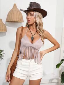RELISH NOLESS Fringe Hem Ca-vát Backless Áo hai dây - Màu Hồng baby - Xem 6