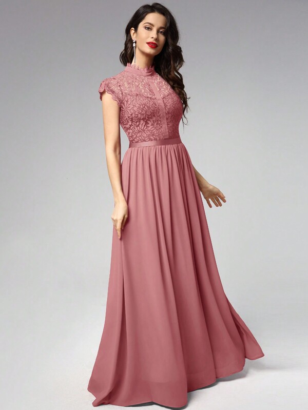 MIUSOL Guipure Lace Bodice Chiffon Ribbon Waist Maxi Formal Gown