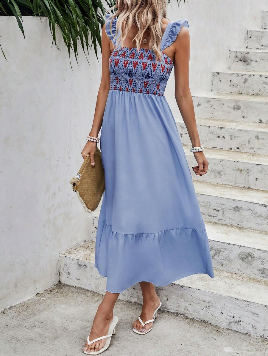 SHEIN VCAY Đầm Xù Viên lá sen Dải chun Hình học Boho - Màu xanh lam - Xem 1