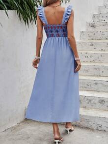 SHEIN VCAY Đầm Xù Viên lá sen Dải chun Hình học Boho - Màu xanh lam - Xem 2