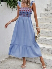 SHEIN VCAY Đầm Xù Viên lá sen Dải chun Hình học Boho - Màu xanh lam - Xem 3