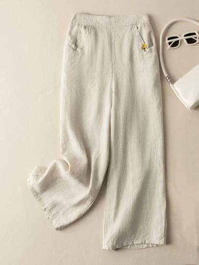 花卉刺繡斜口袋闊腿褲