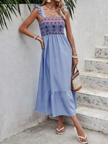 SHEIN VCAY Đầm Xù Viên lá sen Dải chun Hình học Boho - Màu xanh lam - Xem 5