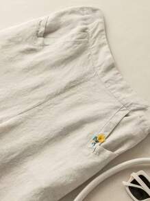 花卉刺繡斜口袋闊腿褲 - 卡其色 - 查看 3