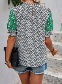 SHEIN LUNE Allover Print Puff Sleeve Frill Trim Blouse - Multicolor - View 2