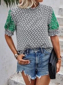 SHEIN LUNE Allover Print Puff Sleeve Frill Trim Blouse - Multicolor - View 3