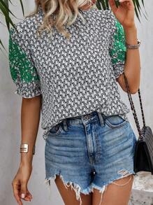 SHEIN LUNE Allover Print Puff Sleeve Frill Trim Blouse - Multicolor - View 4