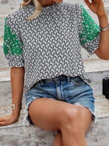 SHEIN LUNE Allover Print Puff Sleeve Frill Trim Blouse - Multicolor - View 5