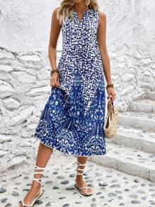 SHEIN LUNE 滿版印花缺口領洋裝 - 藍色 - 查看 2