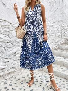 SHEIN LUNE 滿版印花缺口領洋裝 - 藍色 - 查看 1