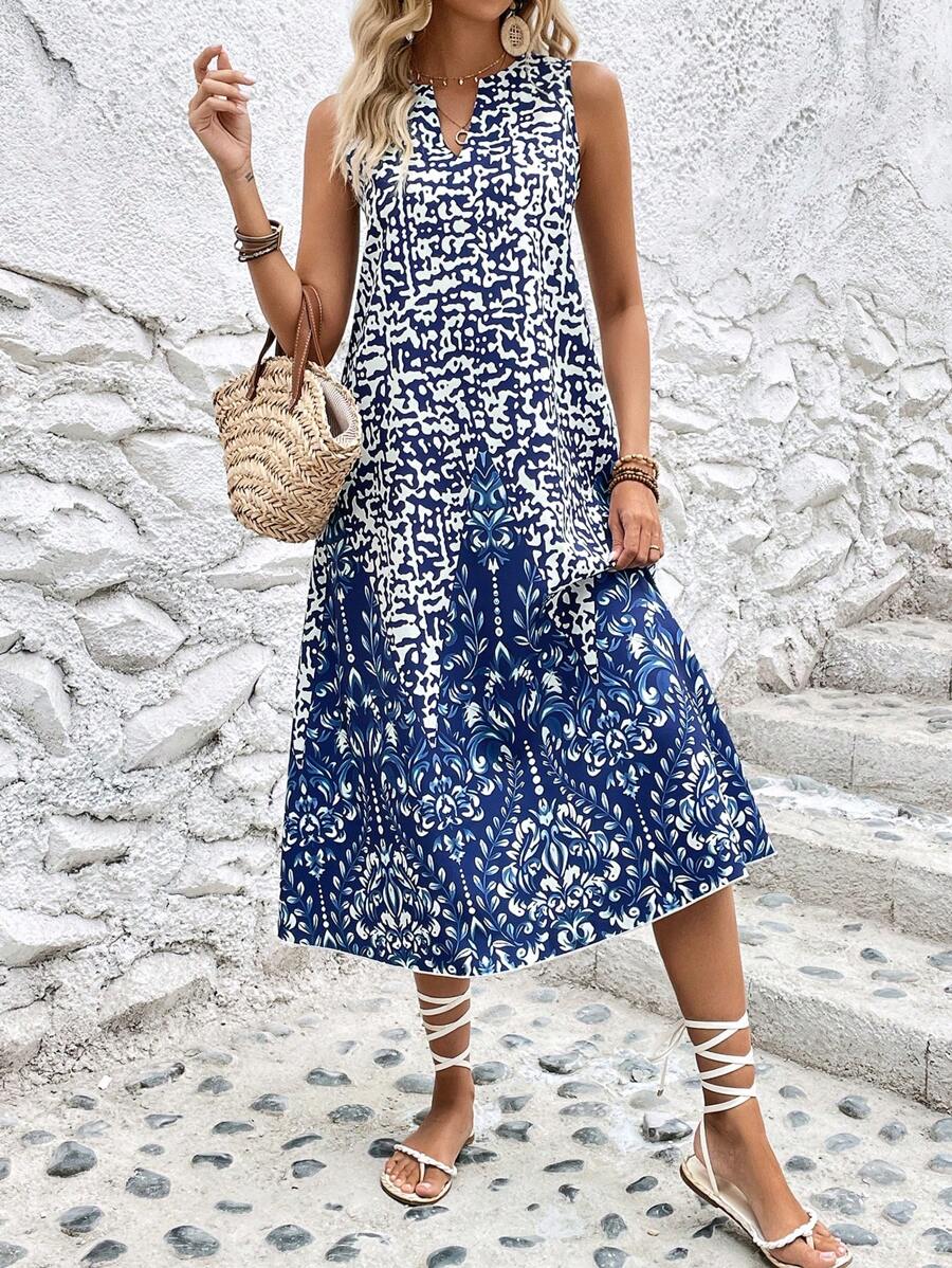 SHEIN LUNE 滿版印花缺口領洋裝 - 藍色 - 查看 1