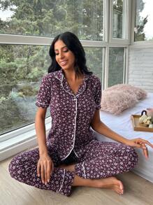 RueChic Ditsy Floral Print Contrast Piping PJ Set - Nhiều màu - Xem 1