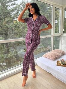RueChic Ditsy Floral Print Contrast Piping PJ Set - Nhiều màu - Xem 3