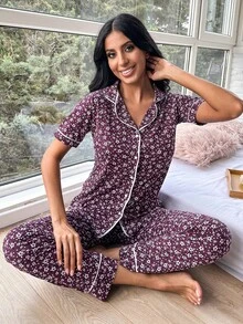 RueChic Ditsy Floral Print Contrast Piping PJ Set - Nhiều màu - Xem 5