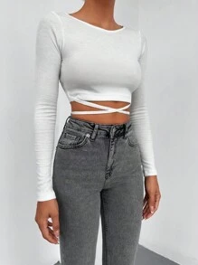 SHEIN PETITE 素色交叉後綁帶短款T恤 - 白色 - 查看 4