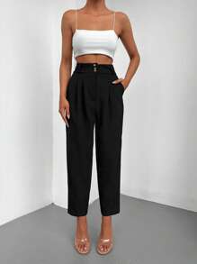 EURMUSE High Waist Plicated Detail Cropped Suit Trousers - Black - View 1