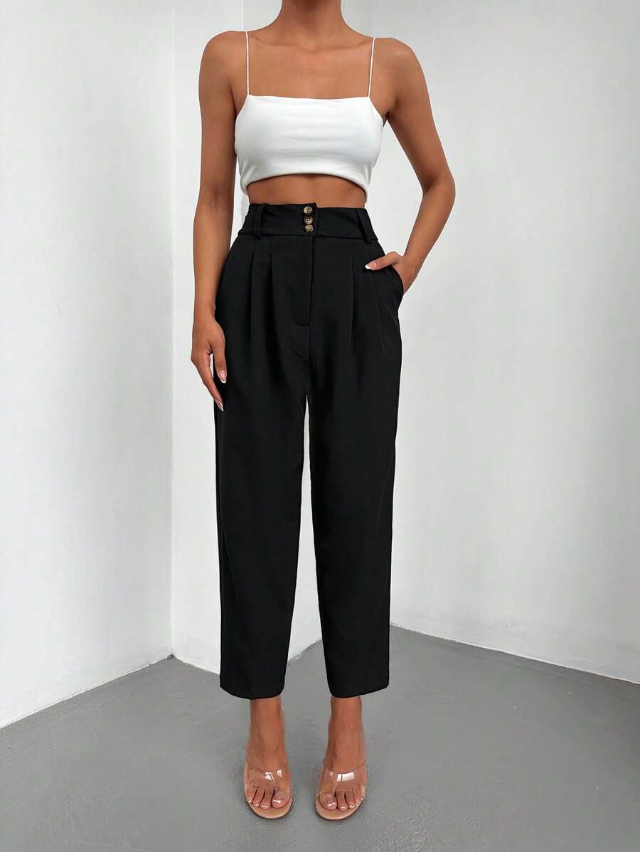 EURMUSE High Waist Plicated Detail Cropped Suit Trousers - Black - View 1
