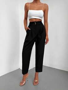 EURMUSE High Waist Plicated Detail Cropped Suit Trousers - Black - View 3