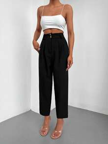 EURMUSE High Waist Plicated Detail Cropped Suit Trousers - Black - View 4