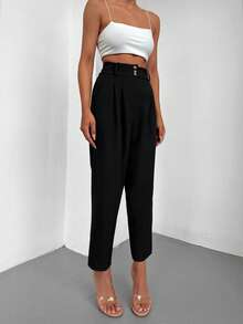 EURMUSE High Waist Plicated Detail Cropped Suit Trousers - Black - View 5
