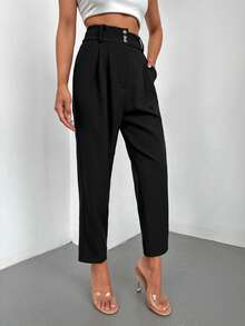 EURMUSE High Waist Plicated Detail Cropped Suit Trousers - Black - View 6