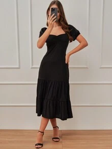 SHE(IN) BRASIL Vestido escote corazón pecho con fruncido bajo con fruncido - Negro - Ver 7