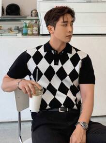 DAZY Men Argyle Pattern Polo Neck Knit Top - Black and White - View 1