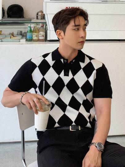 DAZY Men Argyle Pattern Polo Neck Knit Top