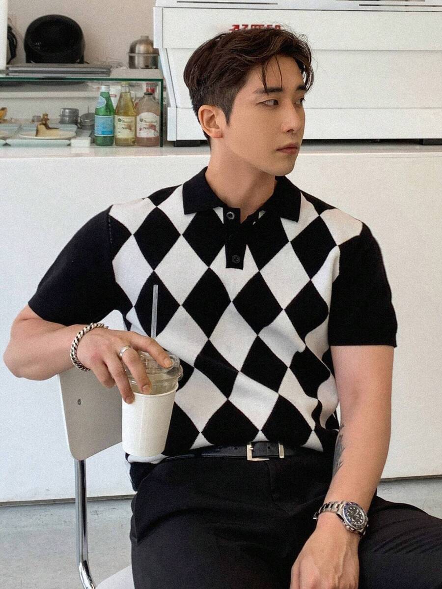 DAZY Men Argyle Pattern Polo Neck Knit Top - Black and White - View 1