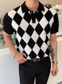 DAZY Men Argyle Pattern Polo Neck Knit Top - Black and White - View 3