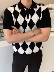 DAZY Men Argyle Pattern Polo Neck Knit Top - Black and White - View 6
