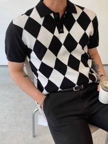 DAZY Men Argyle Pattern Polo Neck Knit Top - Black and White - View 8