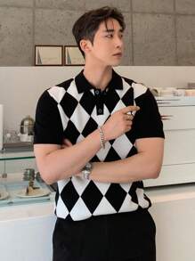 DAZY Men Argyle Pattern Polo Neck Knit Top - Black and White - View 9