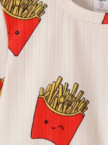 SHEIN 2入組/套男童夏季套裝帶T恤和短褲套裝，可愛炸薯條印花休閒服裝