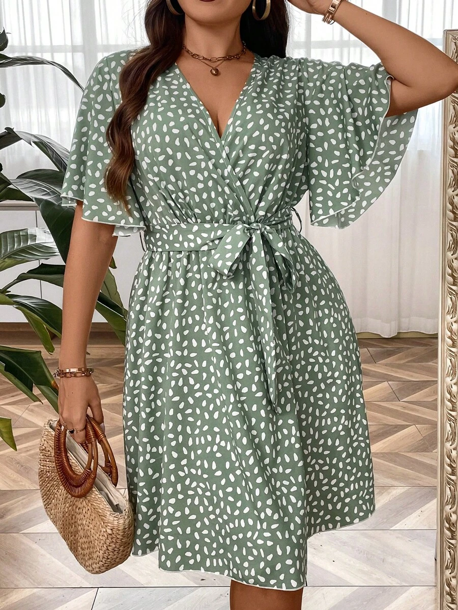 SHEIN Holidaya 大碼滿版印花蝴蝶袖繫腰帶連衣裙 - 薄荷綠 - 查看 1