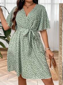 SHEIN Holidaya 大碼滿版印花蝴蝶袖繫腰帶連衣裙 - 薄荷綠 - 查看 4