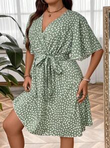 SHEIN Holidaya 大碼滿版印花蝴蝶袖繫腰帶連衣裙 - 薄荷綠 - 查看 6