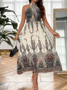 SHEIN Clasi Plus Paisley Print Cut Out Front Halter Neck Dress - Multicolor - View 3