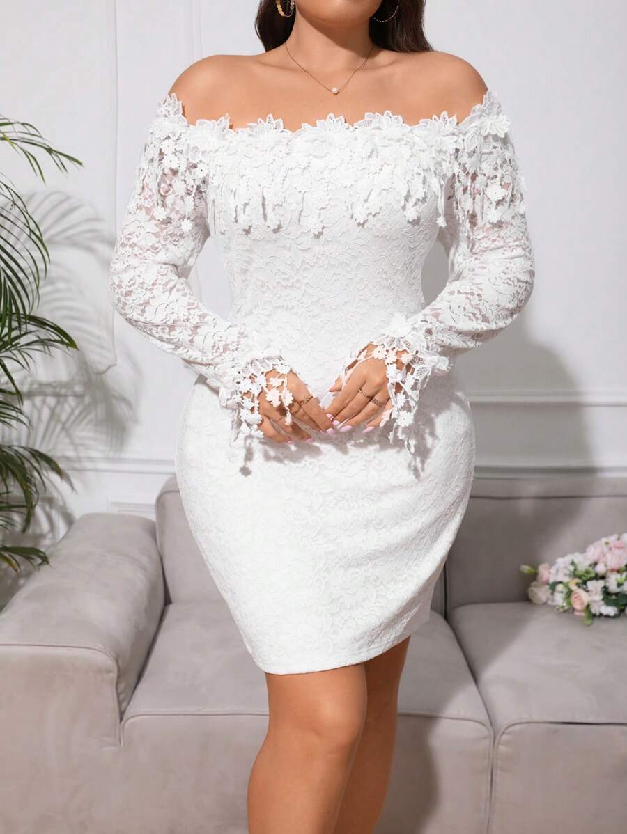 SHEIN Privé Đầm Plus Size Tương phản ren Dây kéo Đề can màu trơn Thanh lịch - trắng - Xem 1