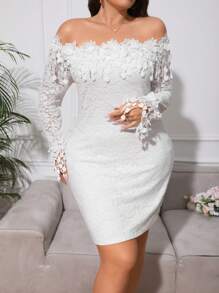 SHEIN Privé Đầm Plus Size Tương phản ren Dây kéo Đề can màu trơn Thanh lịch - trắng - Xem 6