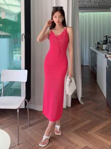 DAZY Solid Tie Front Dress Sundress - Pink - View 3