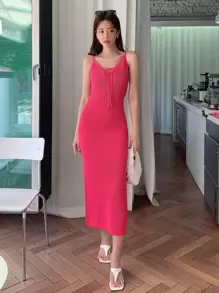 DAZY Solid Tie Front Dress Sundress - Pink - View 4