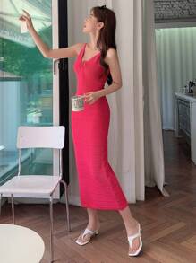 DAZY Solid Tie Front Dress Sundress - Pink - View 5