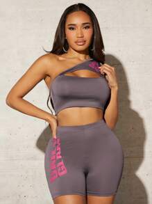 SHEIN SXY Letter Graphic One Shoulder Crop Top & Cycling Shorts - Grey - View 1