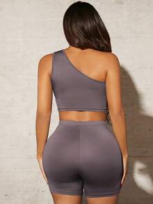 SHEIN SXY Letter Graphic One Shoulder Crop Top & Cycling Shorts - Grey - View 2